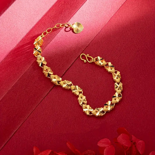 24K Gold Plated Shimmering Lucky Clover Heart Bracelet - Golden Luxury Charm